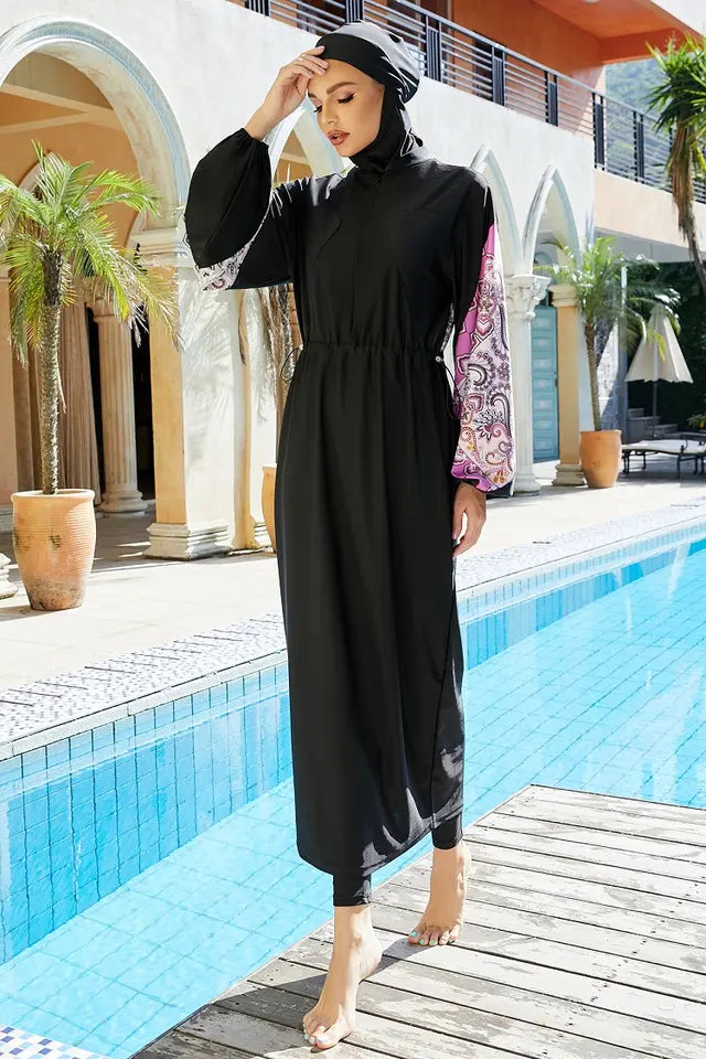 Black Burkini with Patterned Lantern Sleeves 3 Piece Set