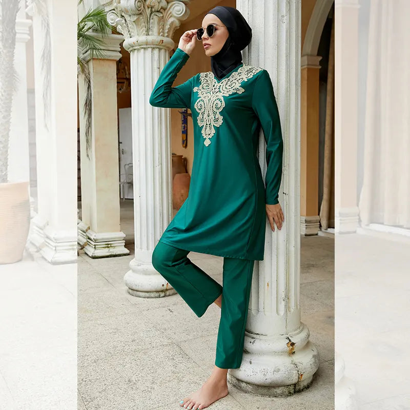 Green Burkini with Gold Lace Neckline 3 Piece Set