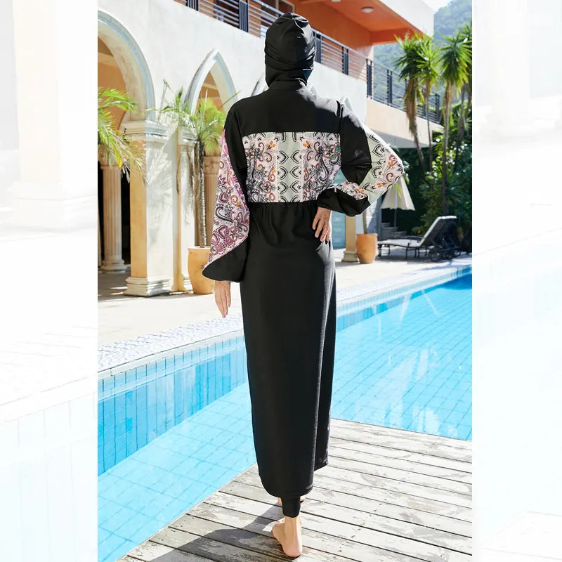 Black Burkini with Patterned Lantern Sleeves 3 Piece Set