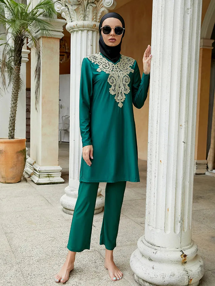 Green Burkini with Gold Lace Neckline 3 Piece Set