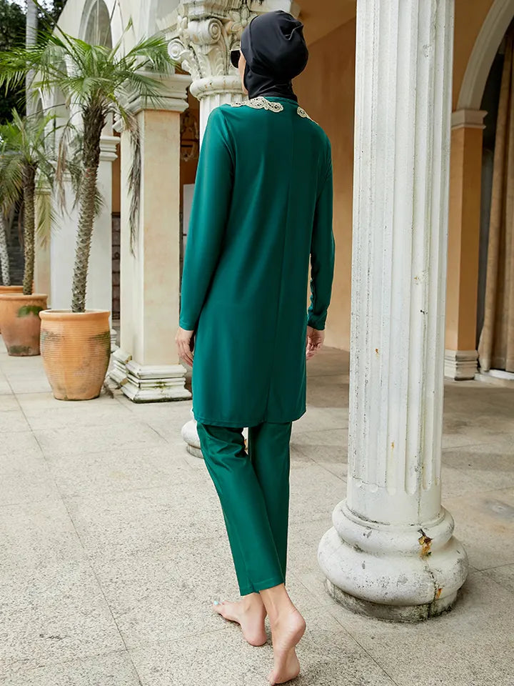 Green Burkini with Gold Lace Neckline 3 Piece Set