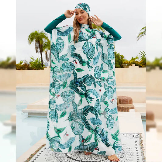 Green Leaves Burkini with Cover Up 4 Pieace Set