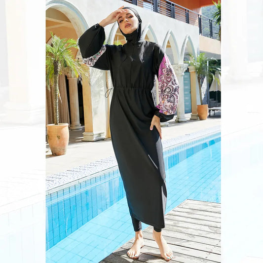 Black Burkini with Patterned Lantern Sleeves 3 Piece Set