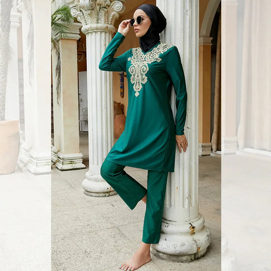 Green Burkini with Gold Lace Neckline 3 Piece Set