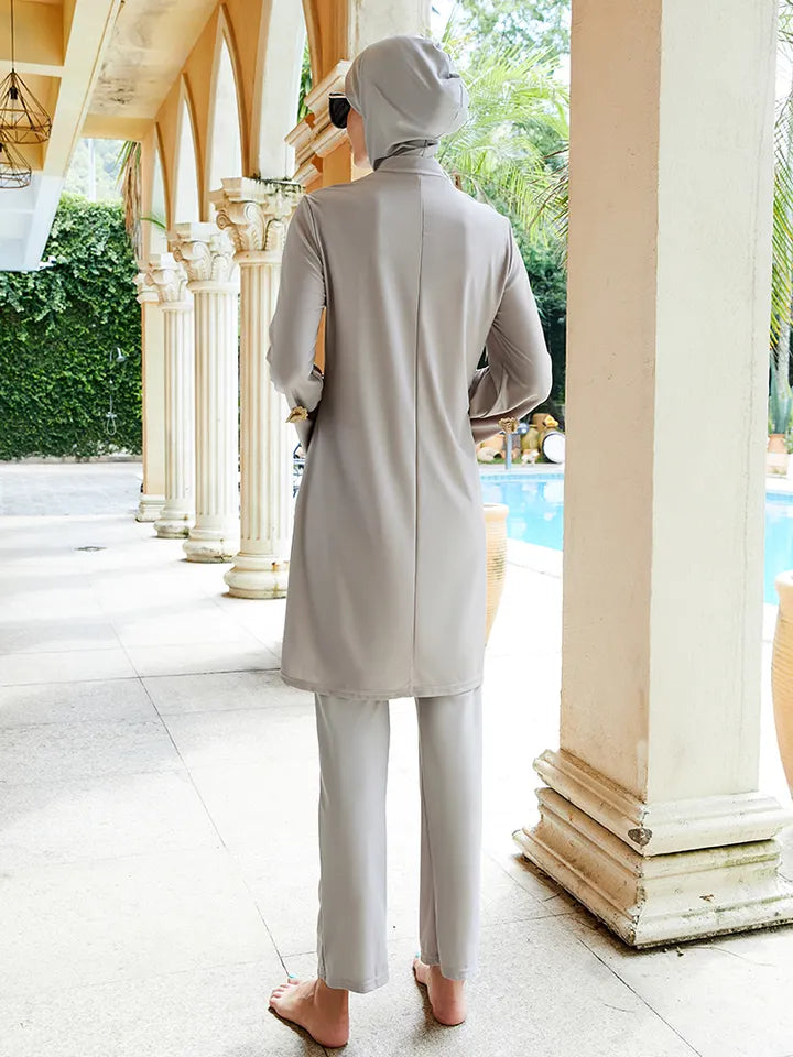 Taupe Burkini with Golden Flowers on Sleeves 3 Piece Set